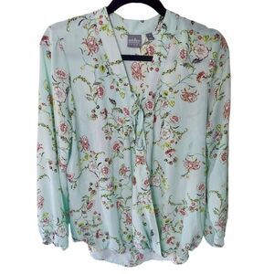 Womens Soho New York & Company Jeans Ladies Blue Floral Blouse, Long Sleeved Sur
